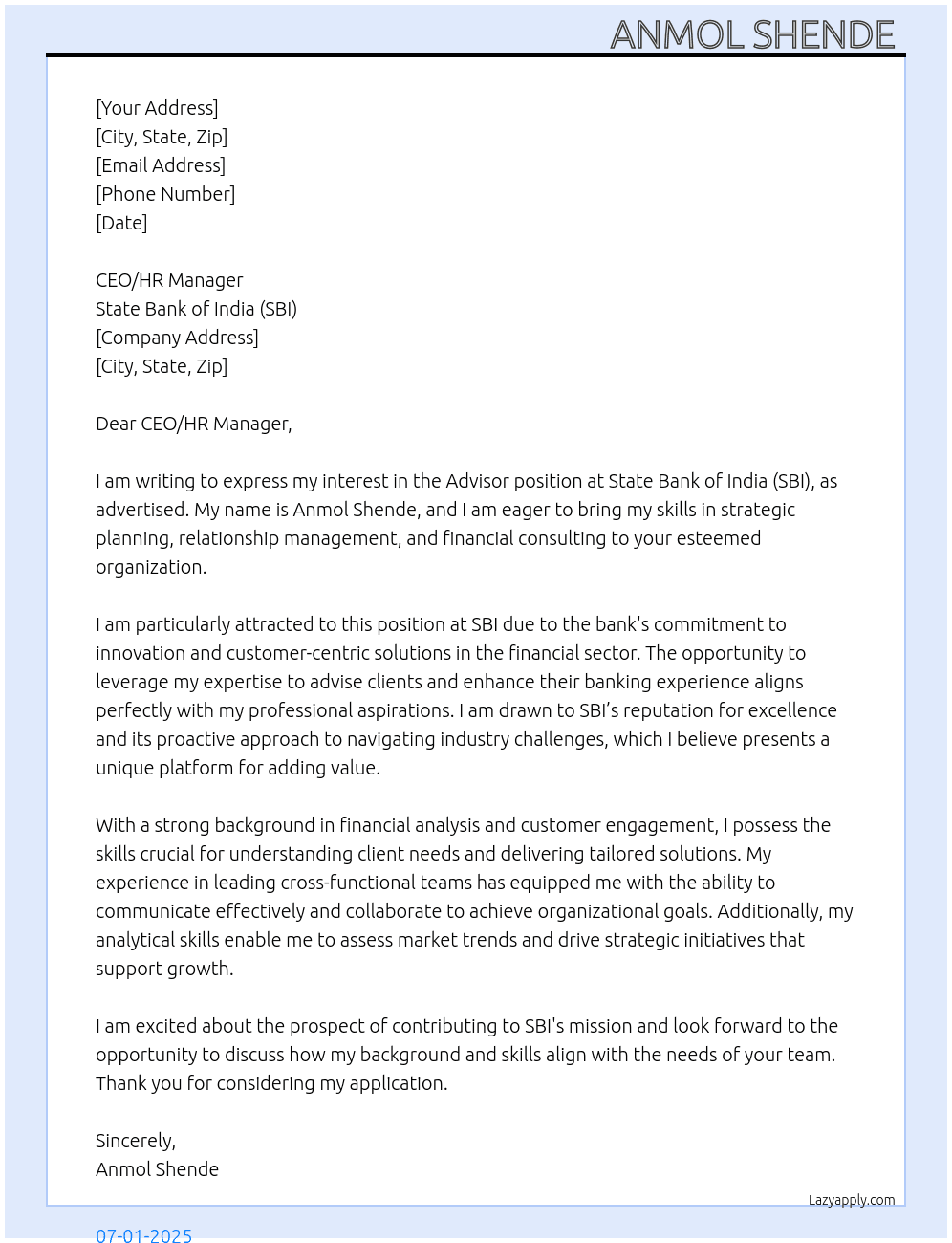 ADVISOR  At SBI Cover Letter