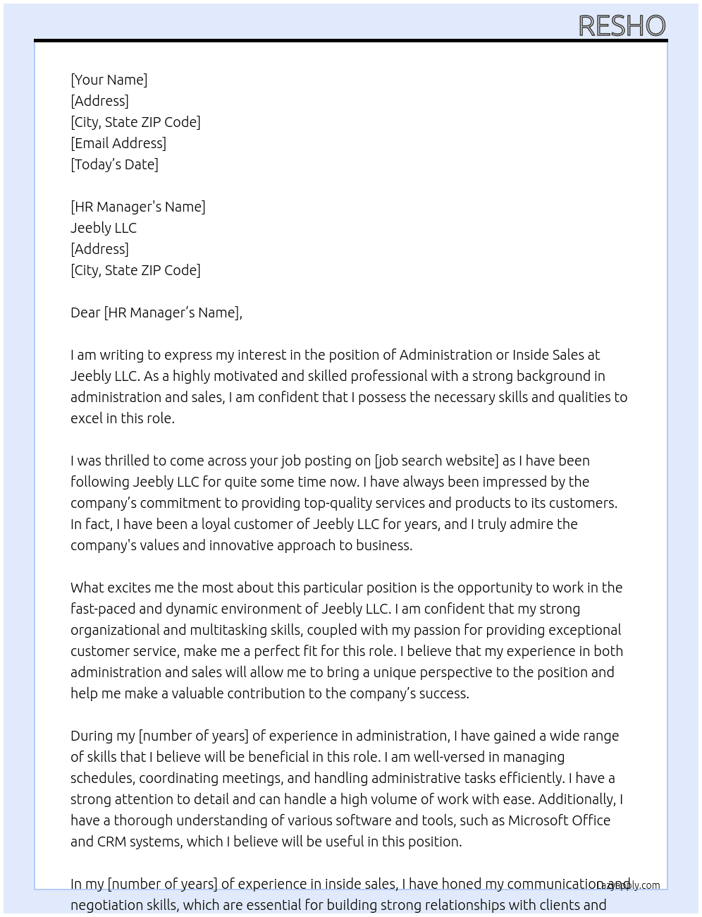 Administration or inside sales At Jeebly LLC Cover Letter