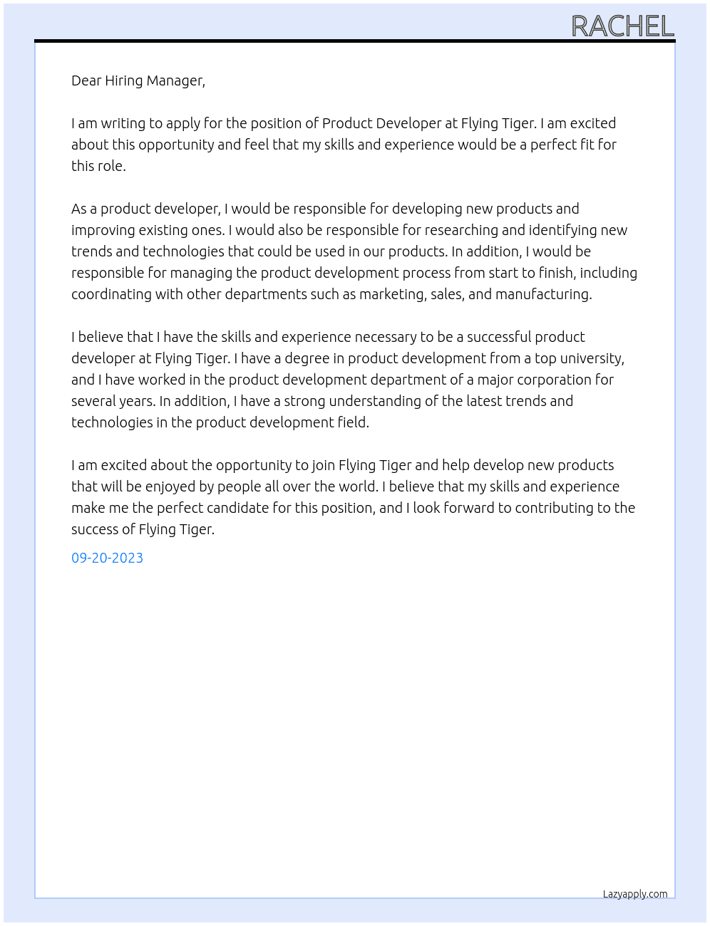 Product developer At Flying Tiger Cover Letter
