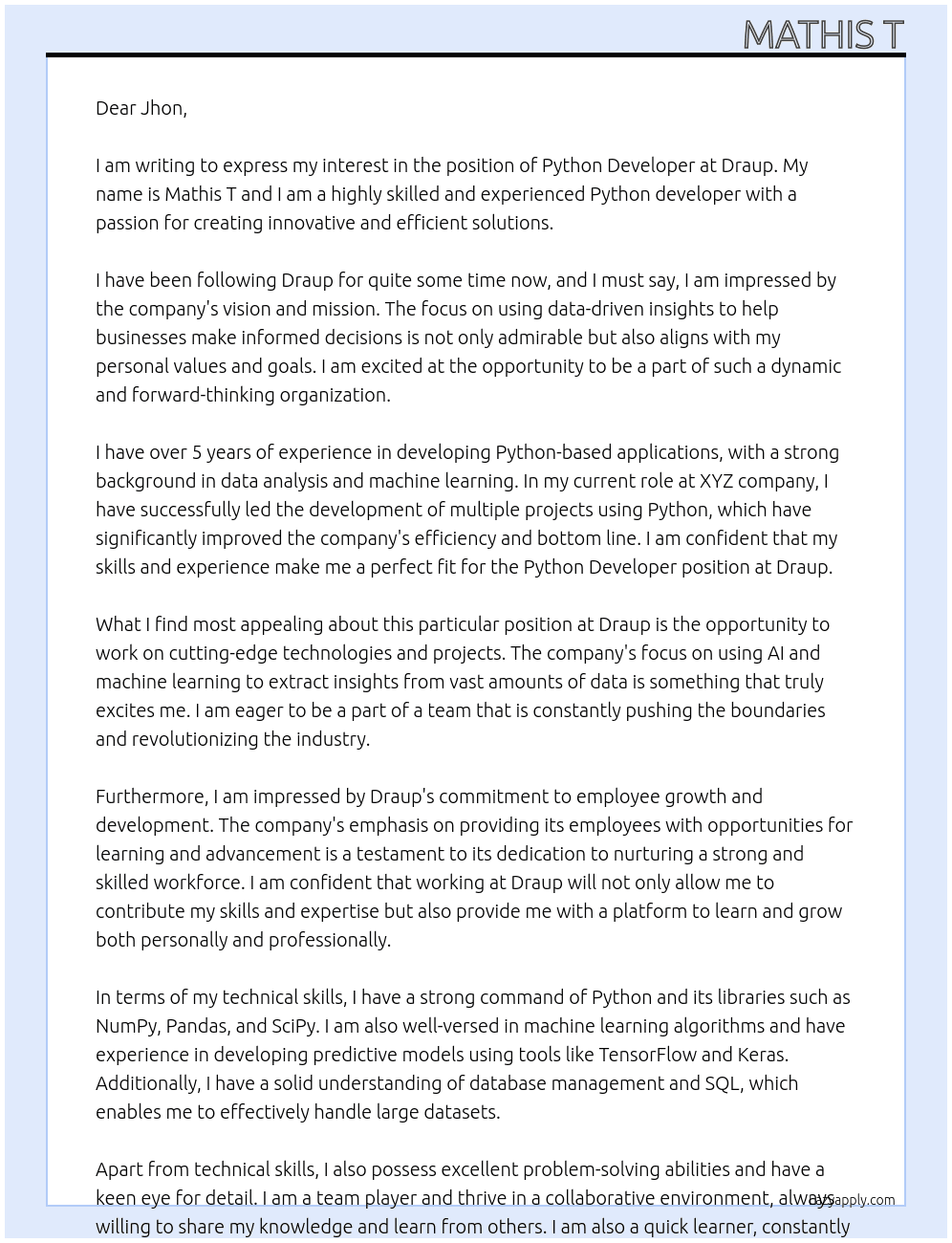 Python Developer At Draup Cover Letter