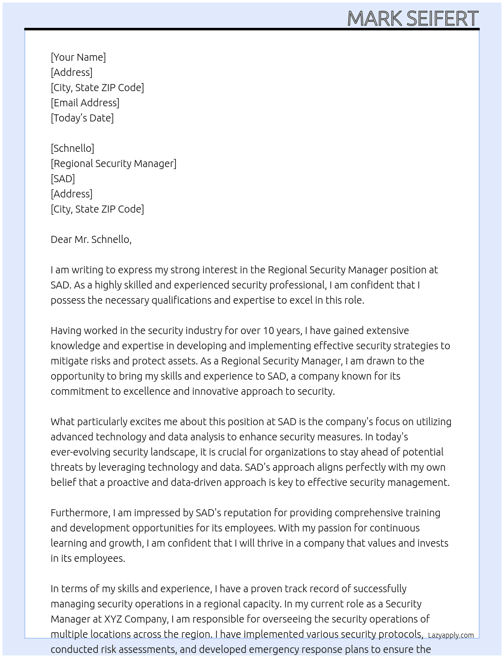 Regional Security Manager At SAD Cover Letter