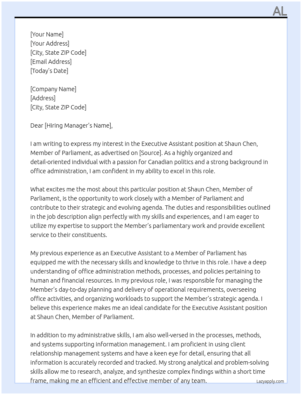 Executive Assistant At Shaun Chen, Member of Parliament Cover Letter