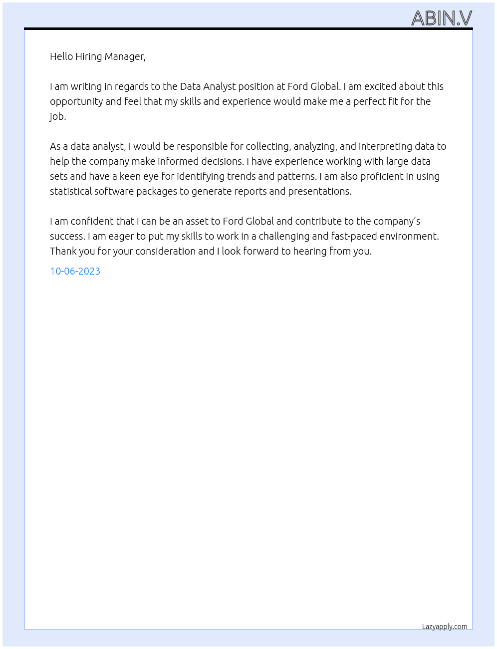Data Analyst At FORD GLOBAL Cover Letter
