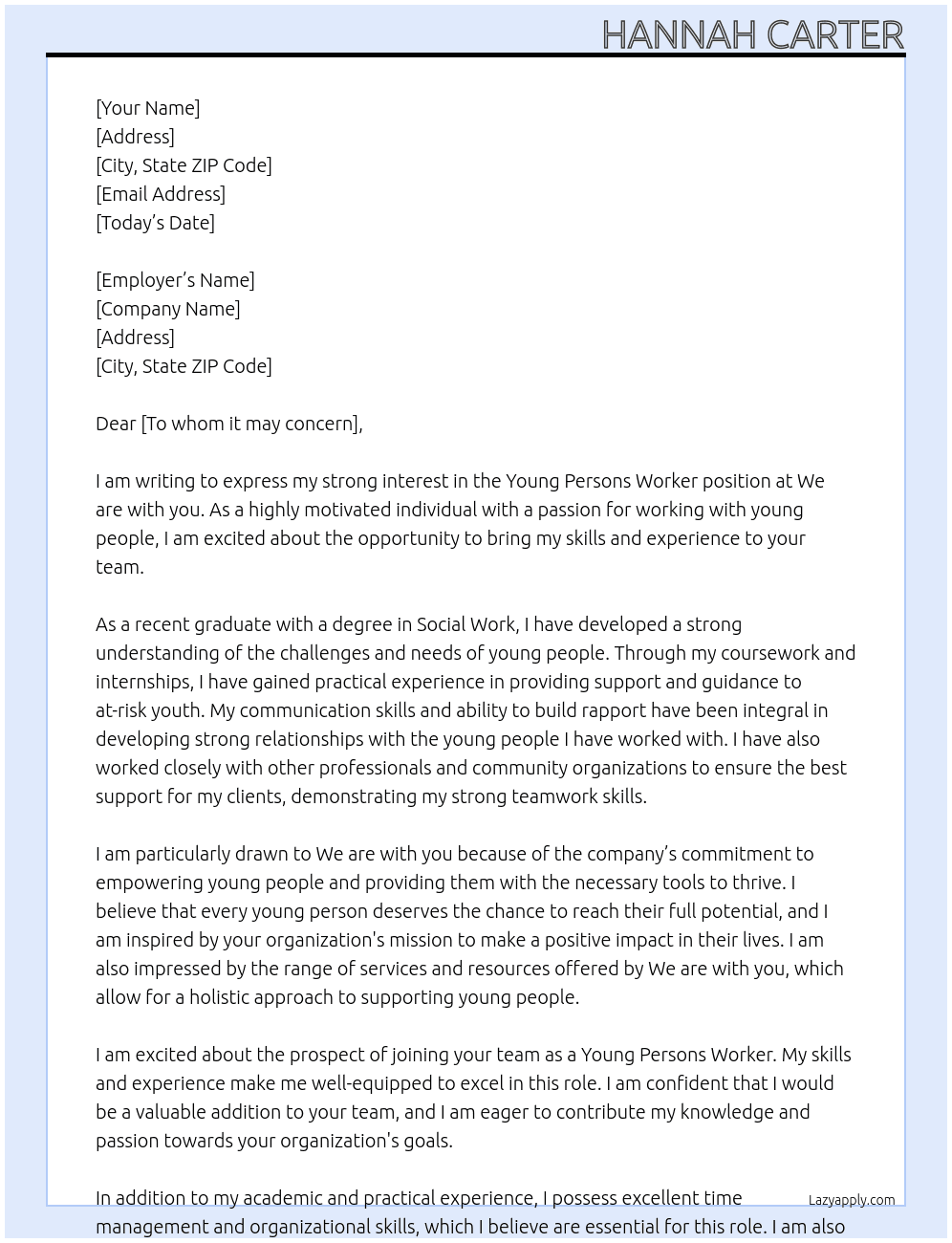 Cover letter for young persons worker - LazyApply