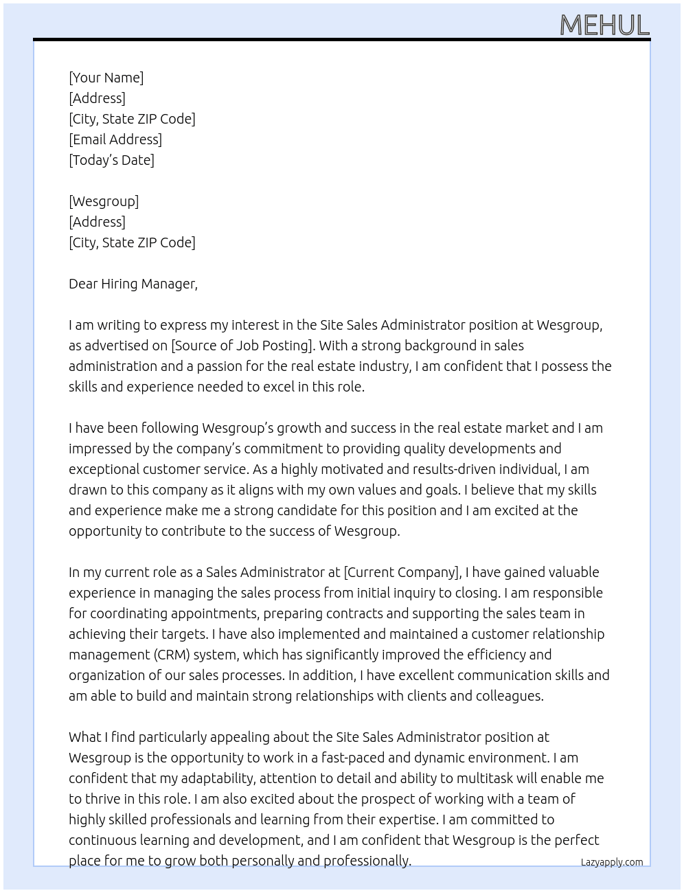 Site Sales Administrator At Wesgroup Cover Letter
