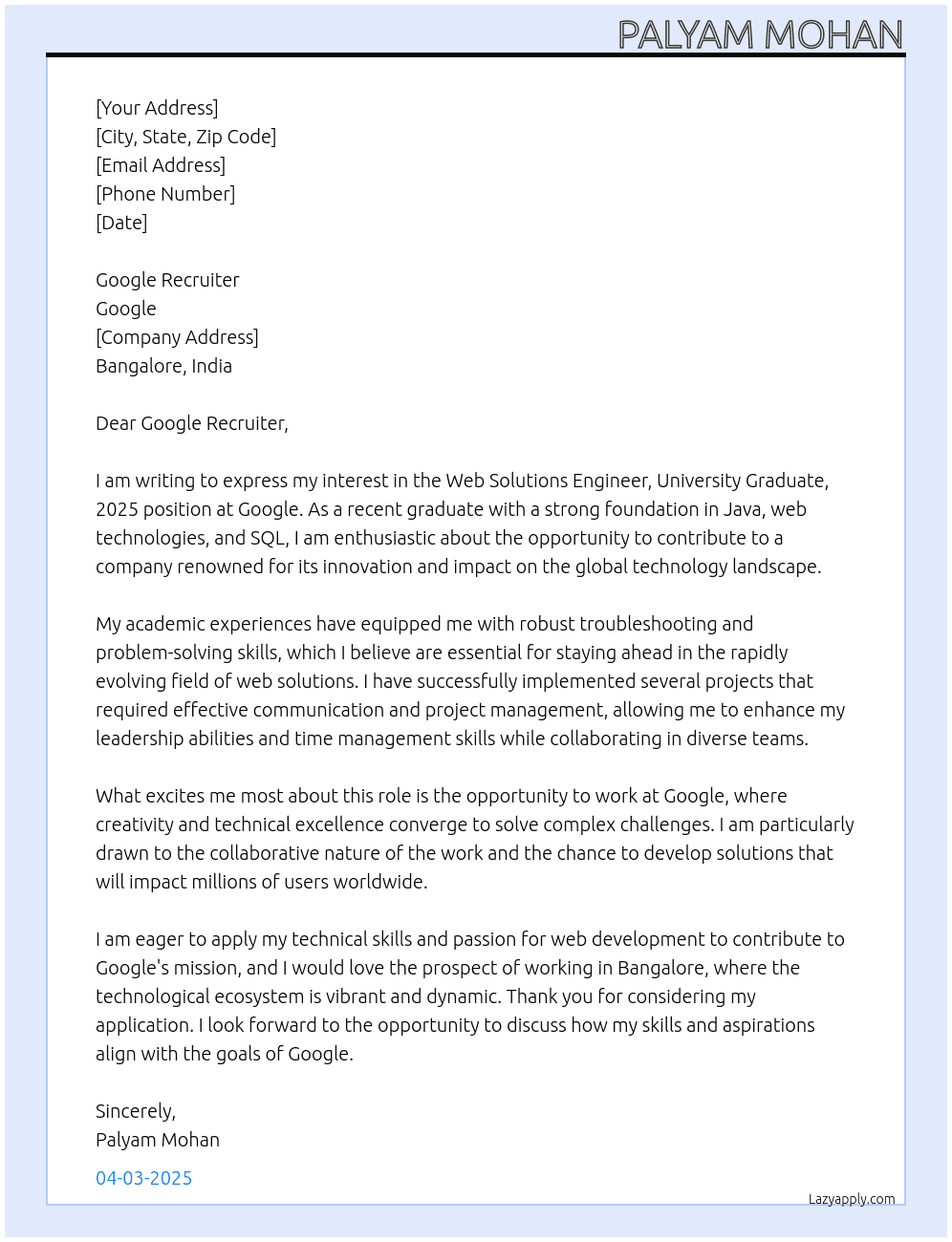 Cover letter for web solutions engineer, university graduate, 2025 - LazyApply