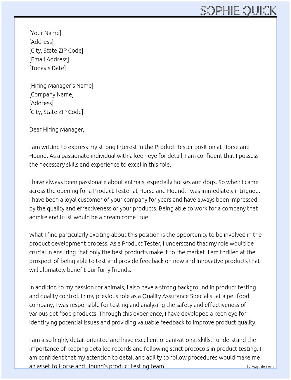 Product tester  At Horse and hound  Cover Letter