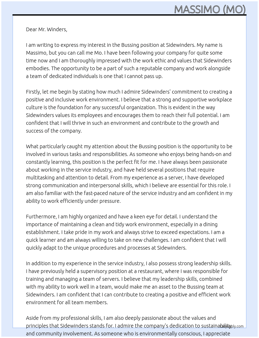 Bussing At Sidewinders Cover Letter
