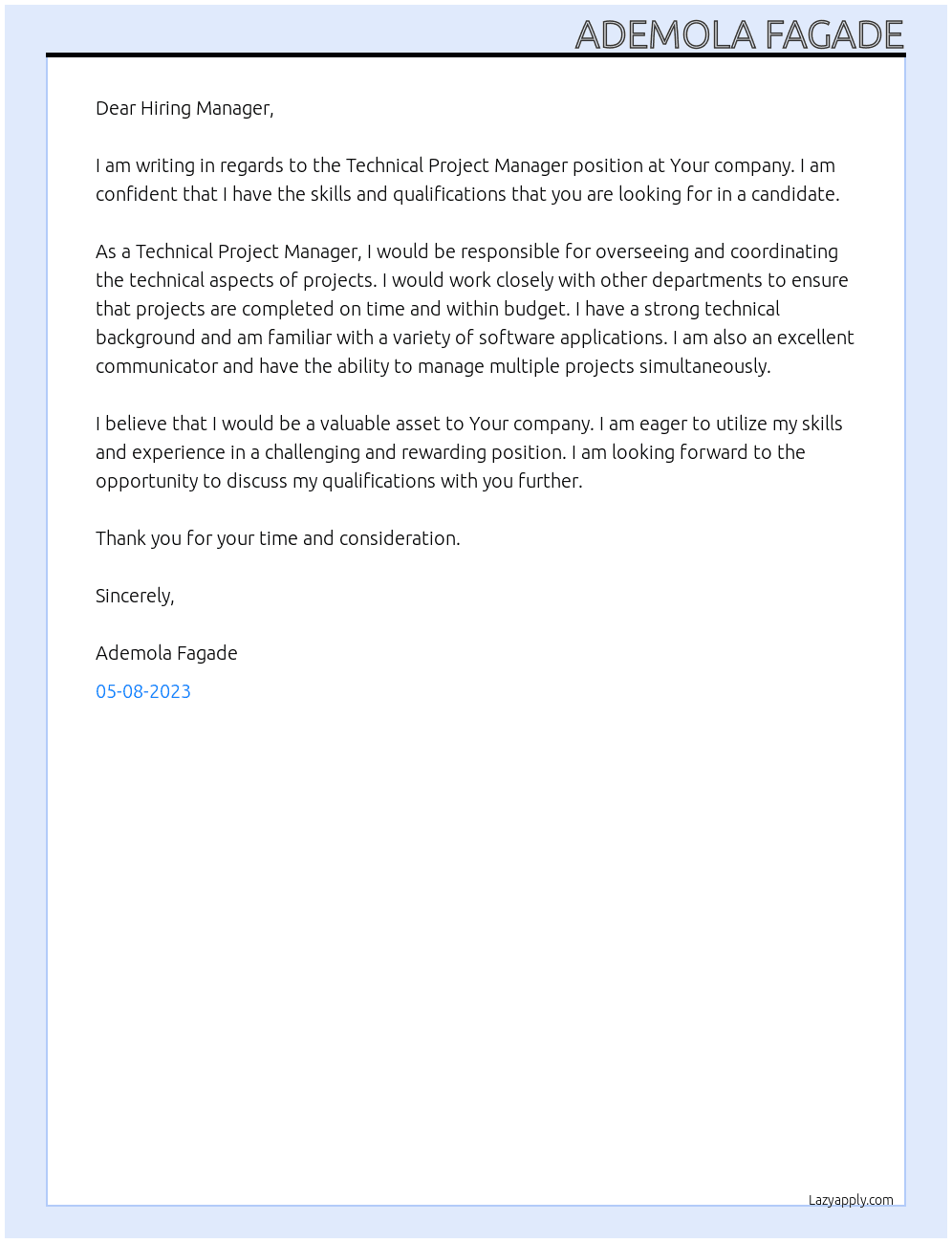 Technical project manager At Your company Cover Letter