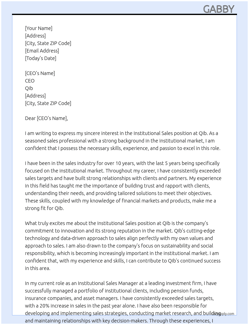 Institutional sales  At Qib  Cover Letter