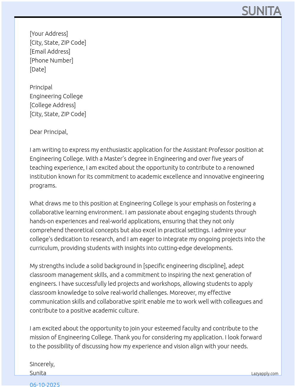 assistant professor At engineering college Cover Letter