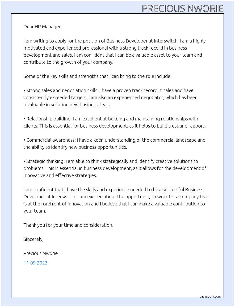 Business Developer  At Interswitch Cover Letter
