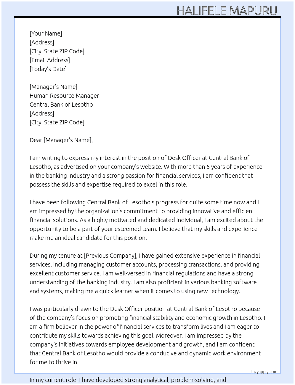 Desk officer At Central Bank of Lesotho  Cover Letter