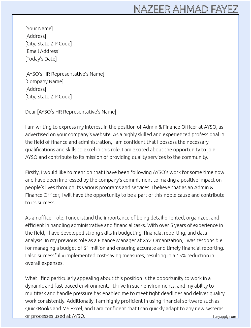 Admin & Finance Officer At AYSO Cover Letter