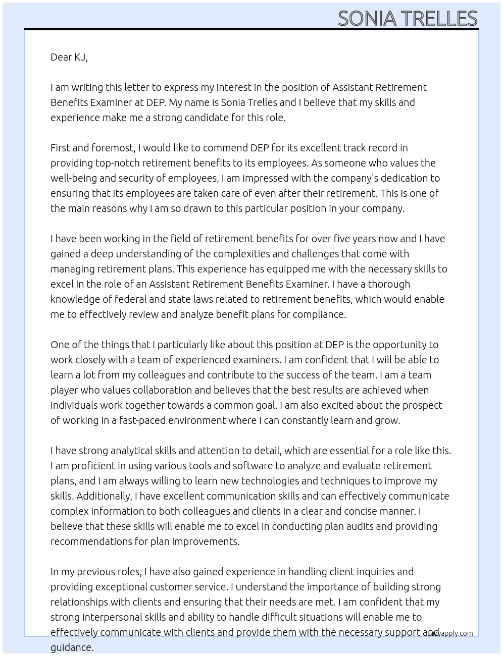 ASSISTANT RETIREMENT BENEFITS EXAMINER At DEP Cover Letter
