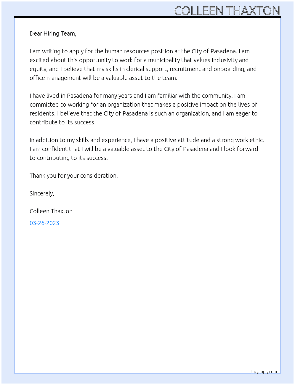 human resources At City of Pasadena  Cover Letter
