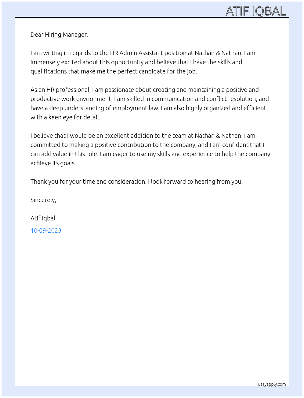 HR Admin Assistant At Nathan & Nathan  Cover Letter