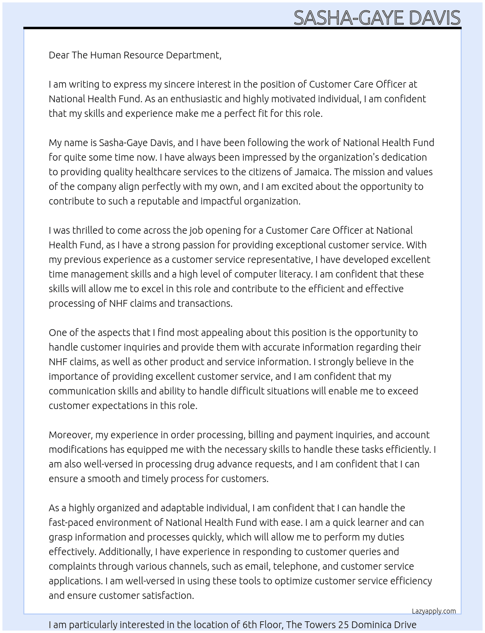 Customer Care Officer At National Health Fund Cover Letter