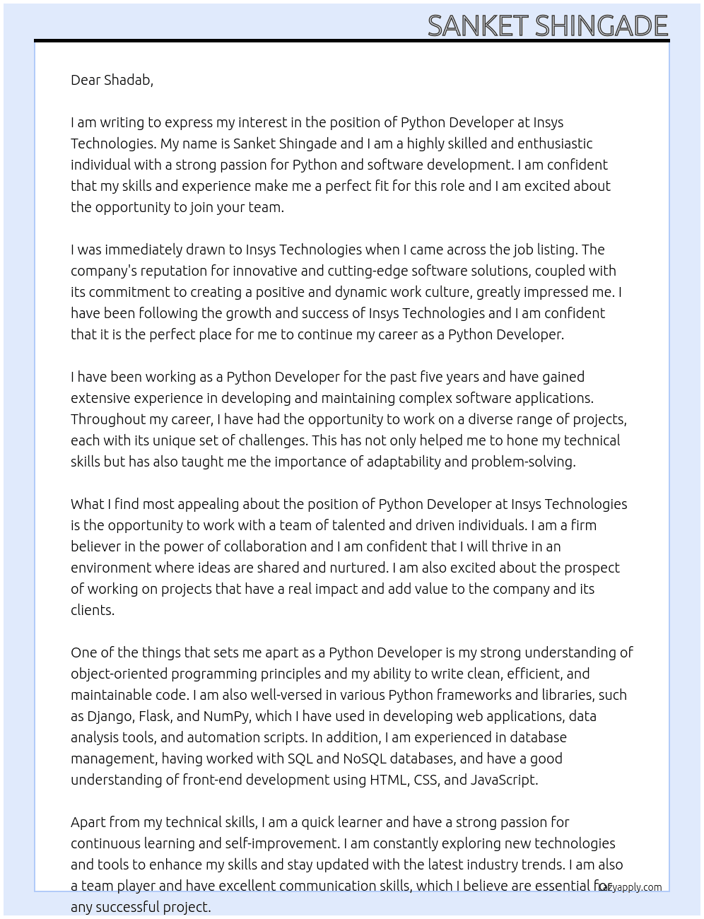 Python devloper At Insys Technologies Cover Letter