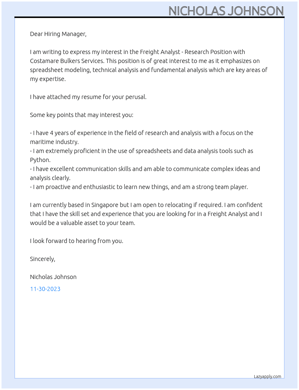 Freight Analyst - Research Position At Costamare Bulkers Services Cover Letter
