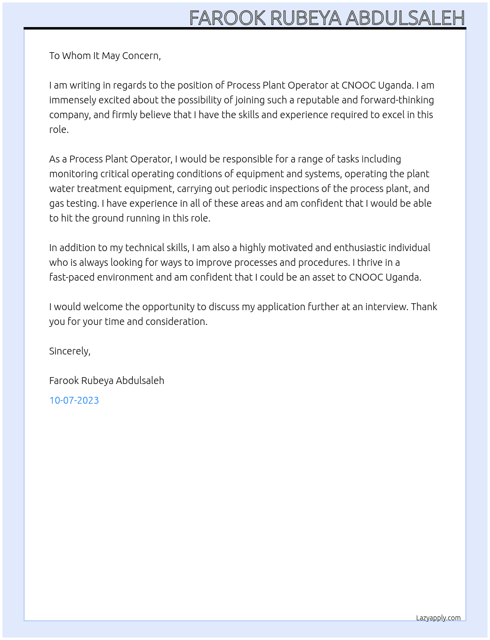 Process Plant Operator At CNOOC Uganda Cover Letter