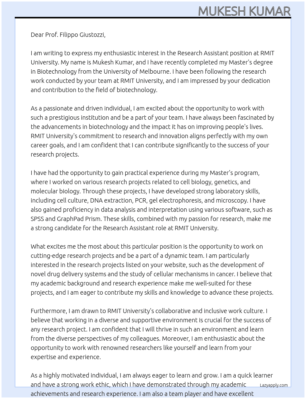 Research Assistant At RMIT University Cover Letter