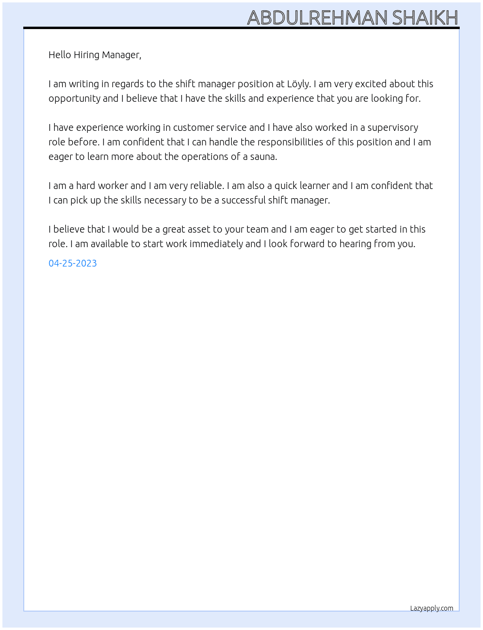 shift manager At Löyly Cover Letter