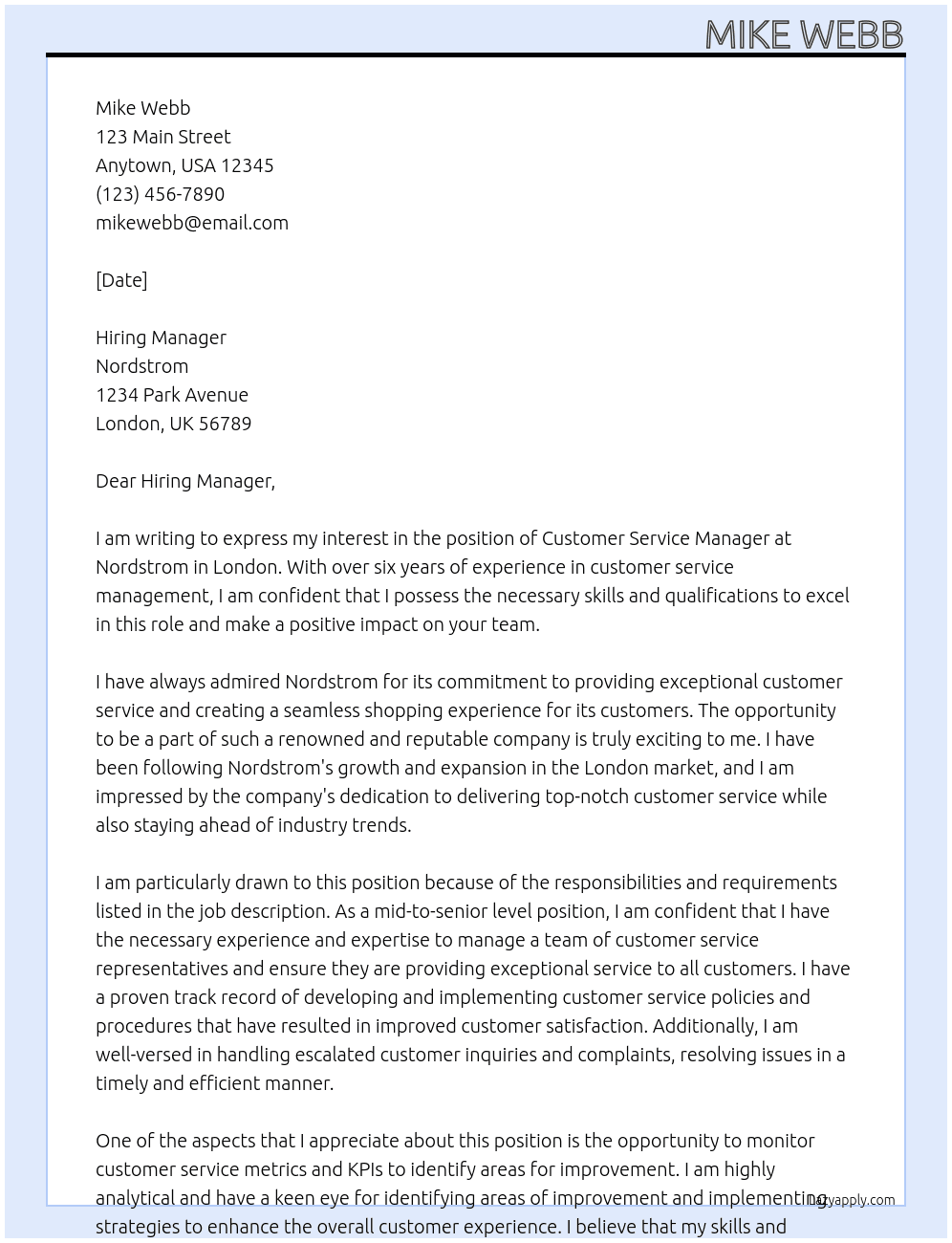 Customer Service Manager At Nordstrom Cover Letter