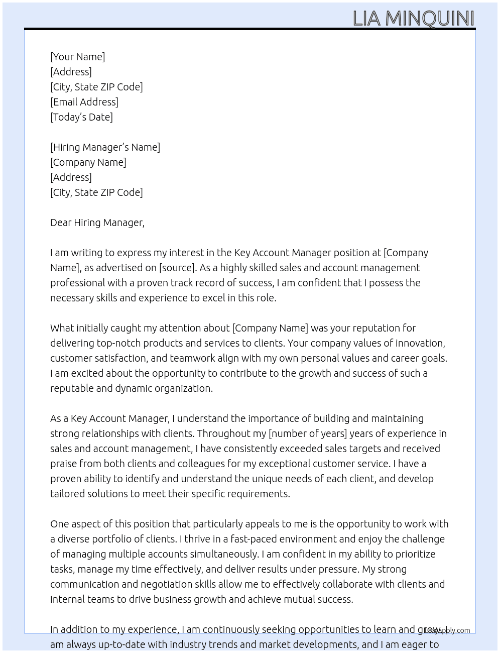 Key Account Manager At Lia Minquini Cover Letter