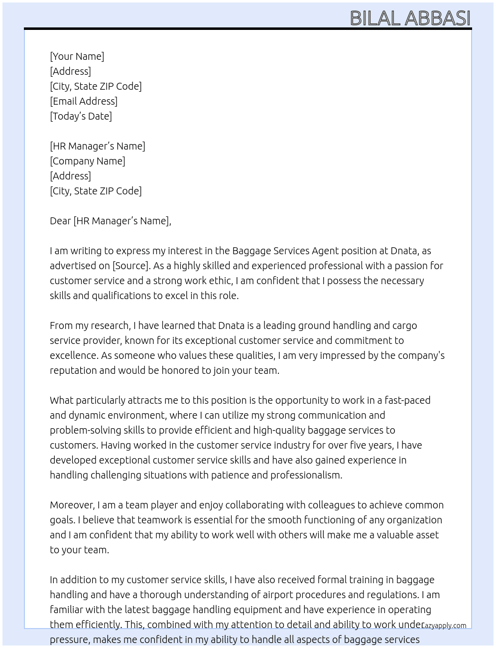 Baggage services agent At Dnata Cover Letter