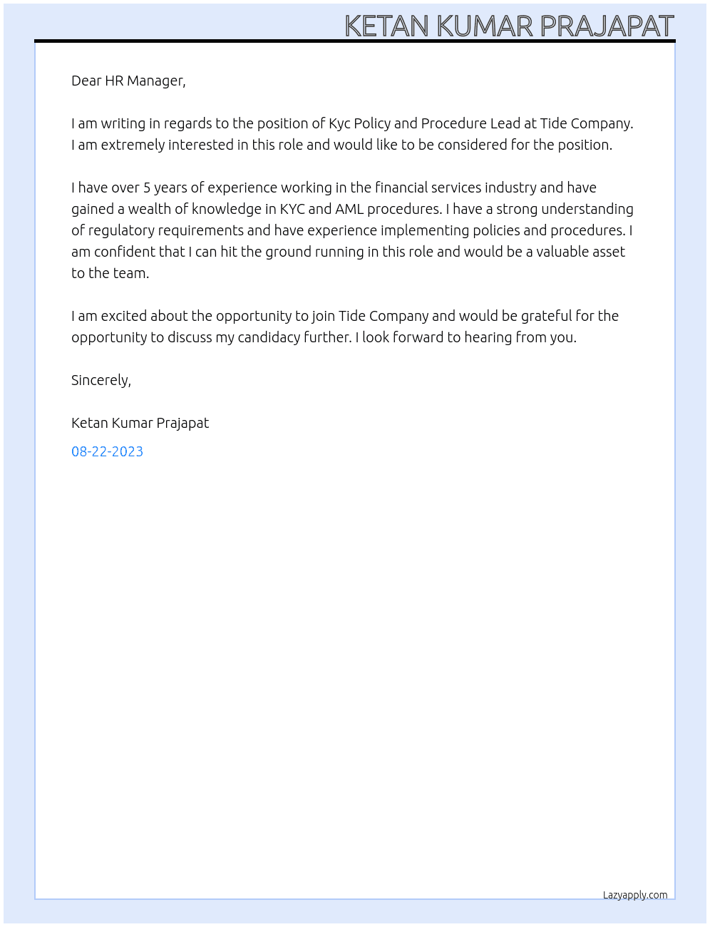 Kyc Policy and procedure lead At Tide Company Cover Letter