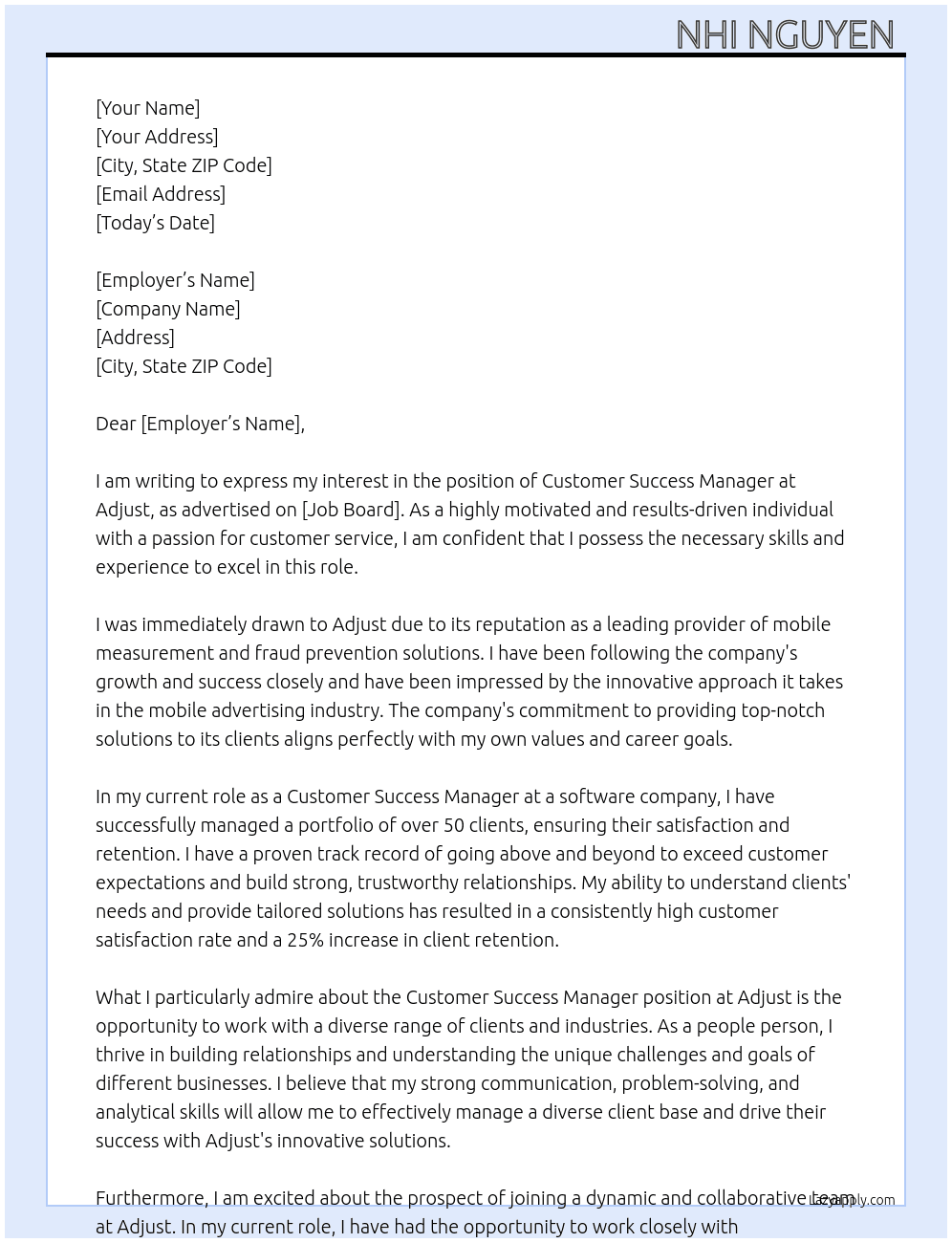 Customer Success Manager  At Adjust  Cover Letter