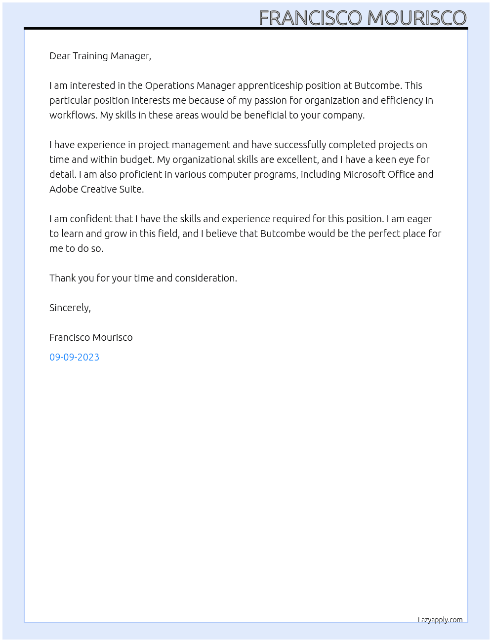 Operations manager apprenticeship  At Butcombe Cover Letter