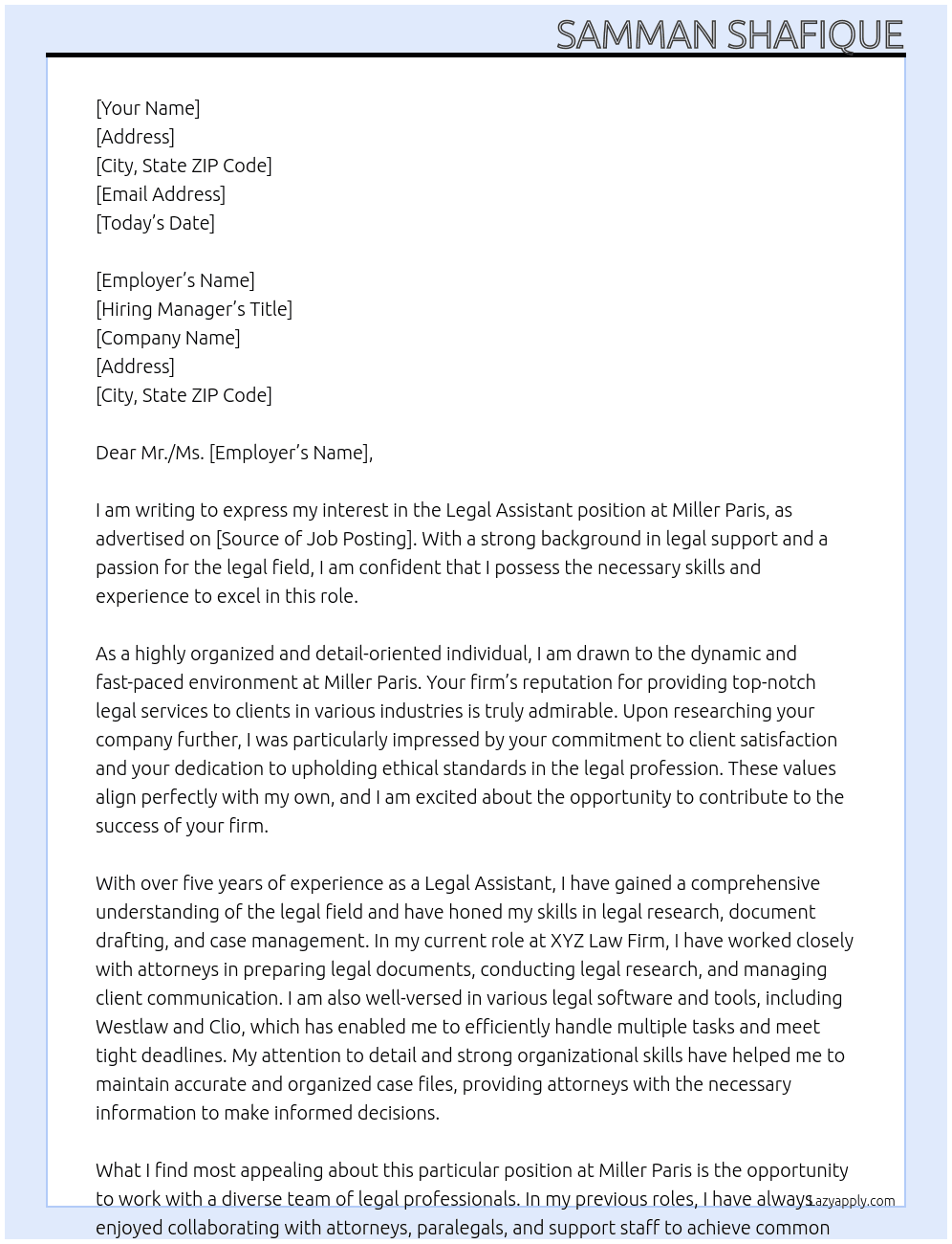 legal assistant  At Miller Paris  Cover Letter