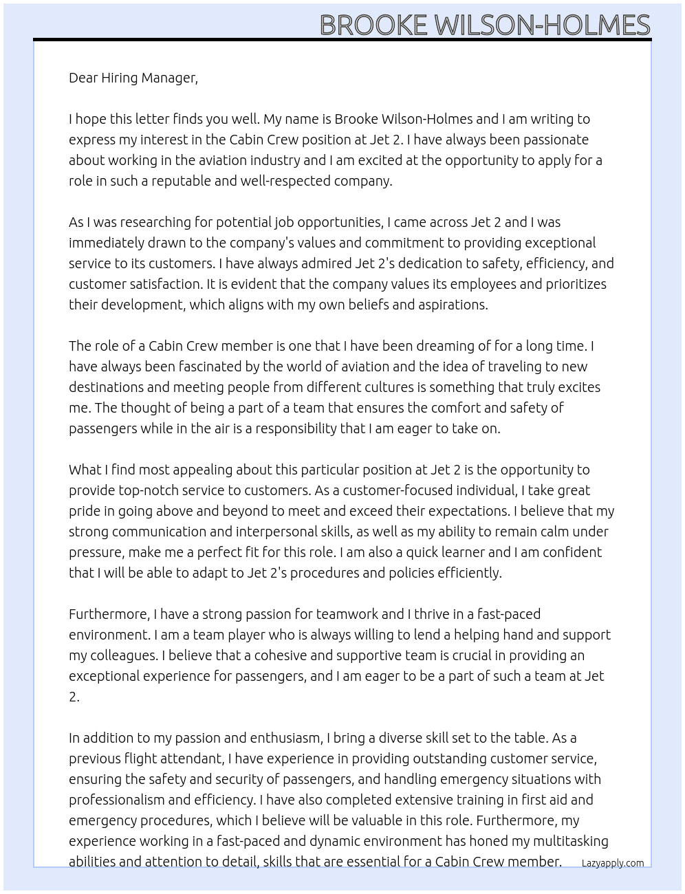 Cabin crew At Jet 2 Cover Letter