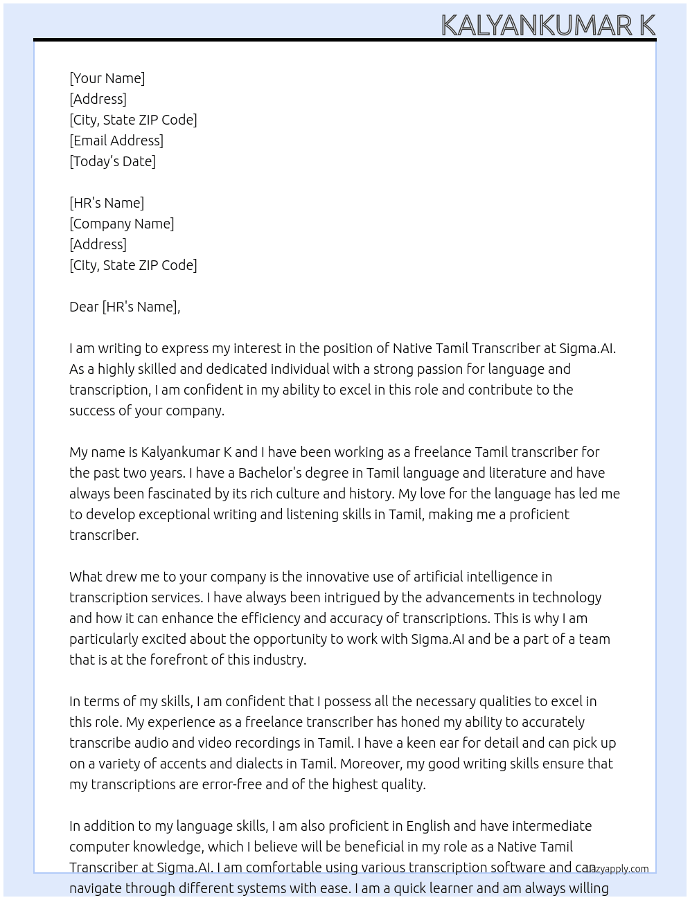 Native Tamil Transcriber  At Sigma.AI Cover Letter