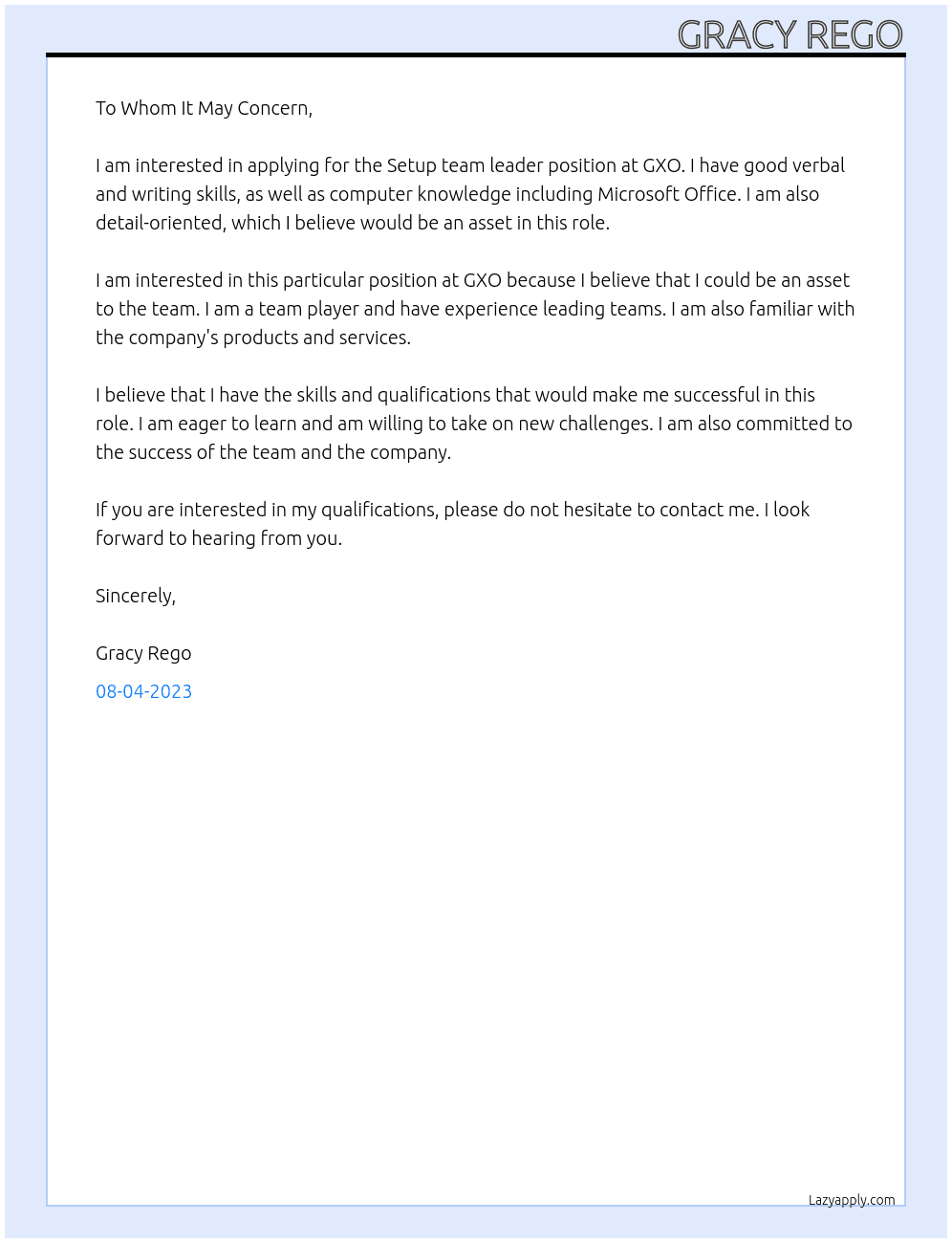 Setup team leader At GXO Cover Letter
