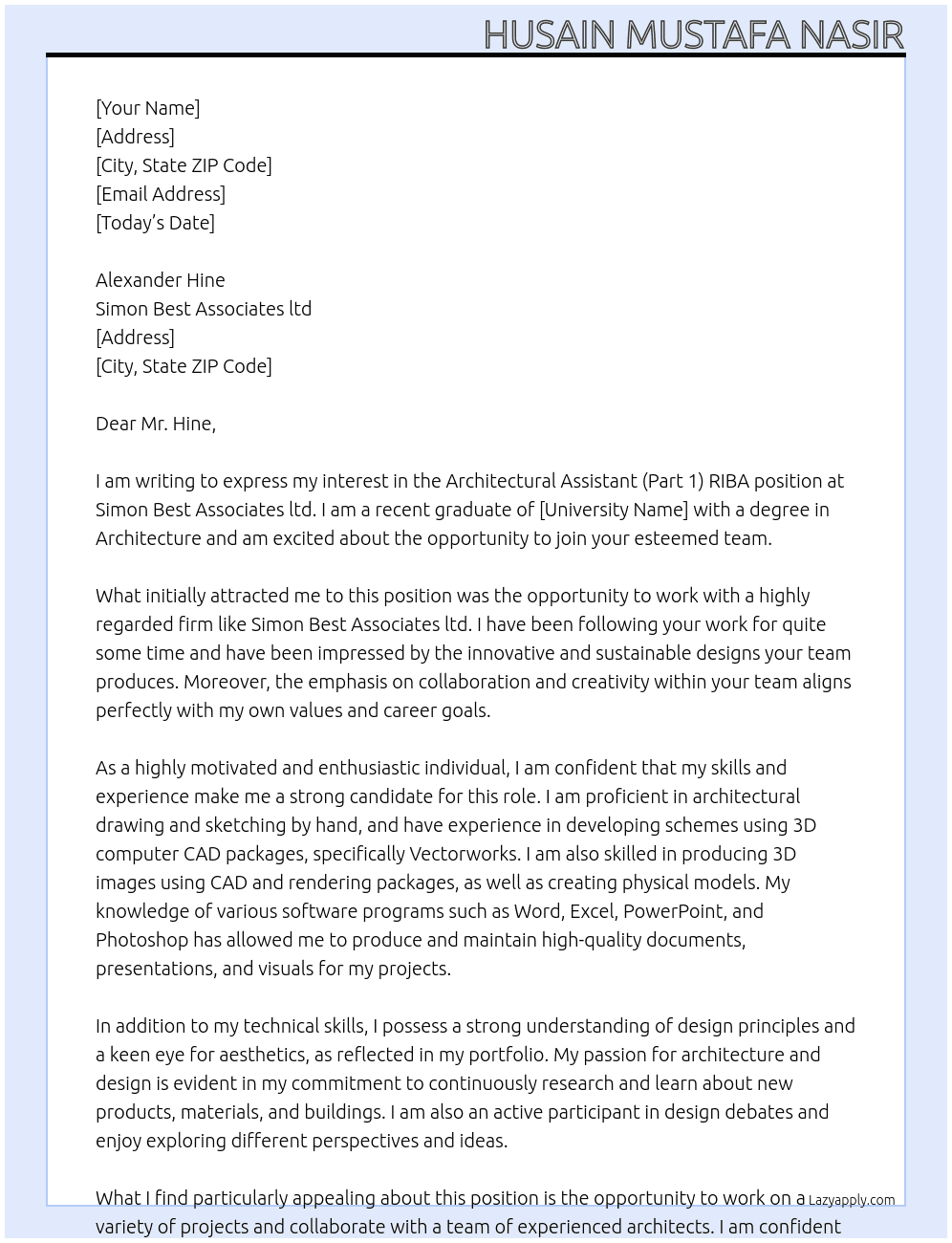 Architectural Assistant (Part 1) RIBA At Simon Best Associates ltd  Cover Letter