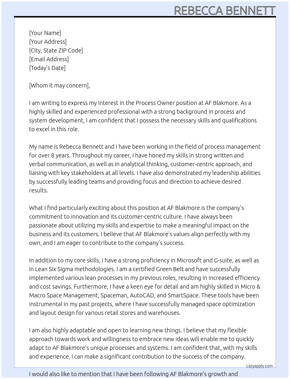 Process Owner At AF Blakmore Cover Letter