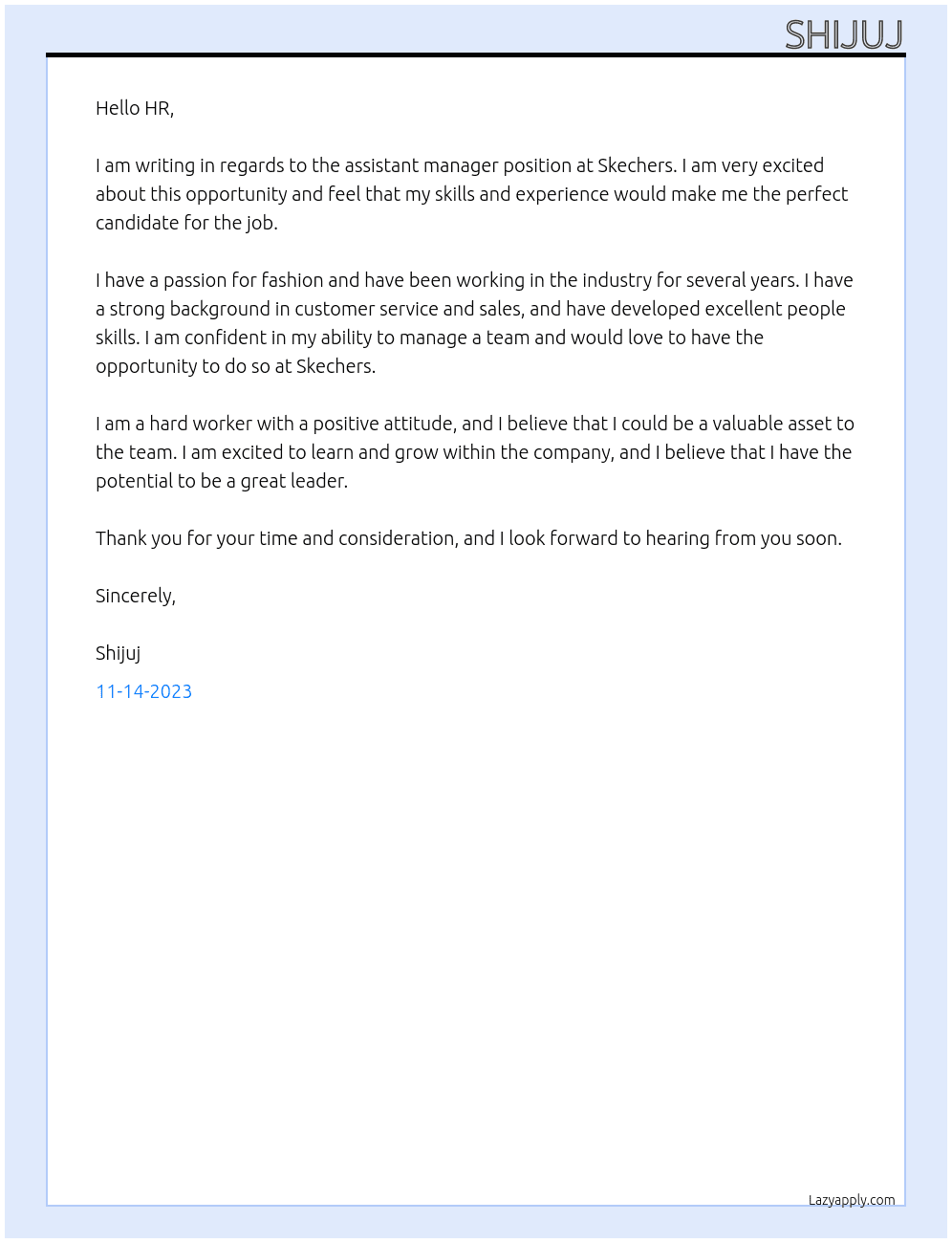 assistant manager At skechers Cover Letter