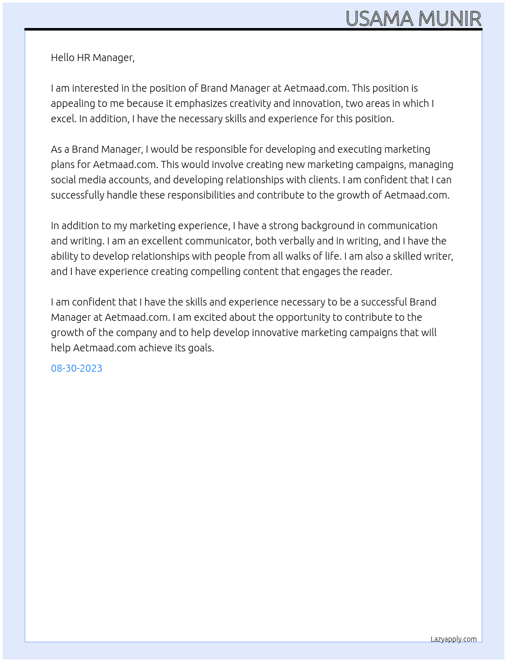Brand Manager At Aetmaad.com Cover Letter