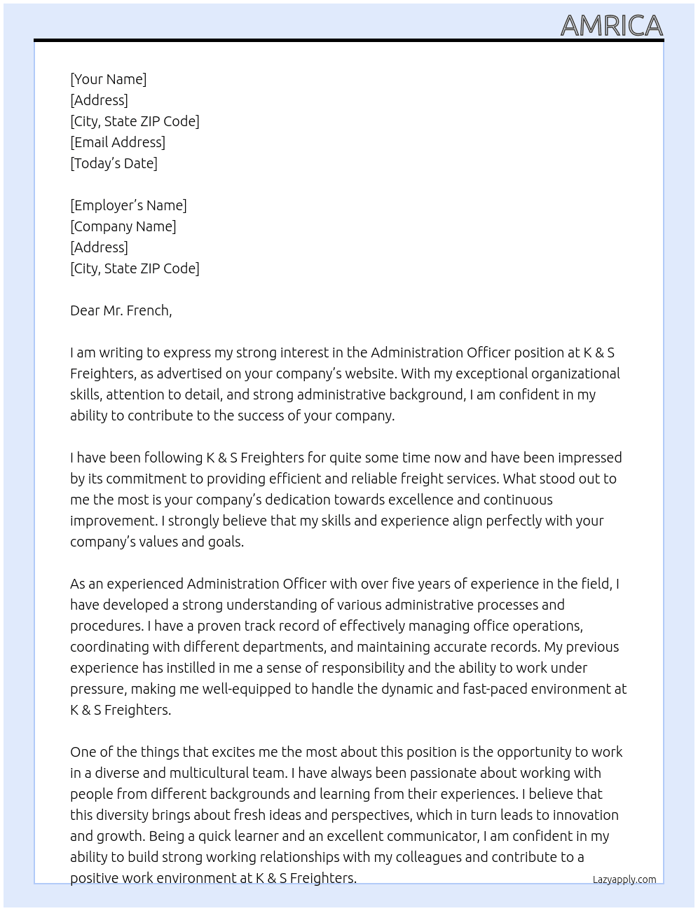 Administration Officer  At K & S  Freighters Cover Letter
