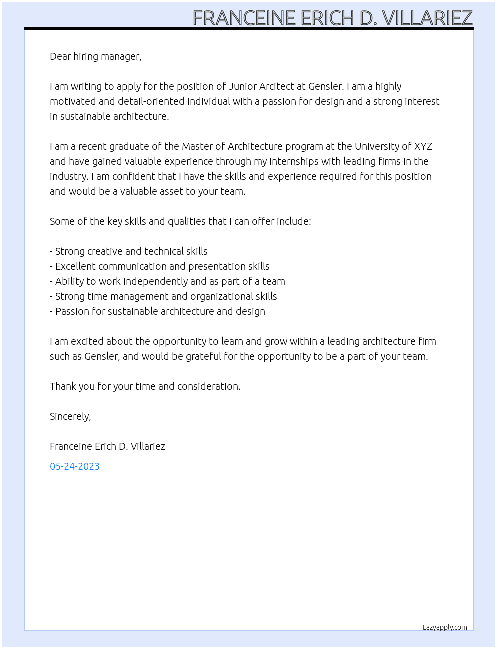 Junior Arcitect At Gensler Cover Letter