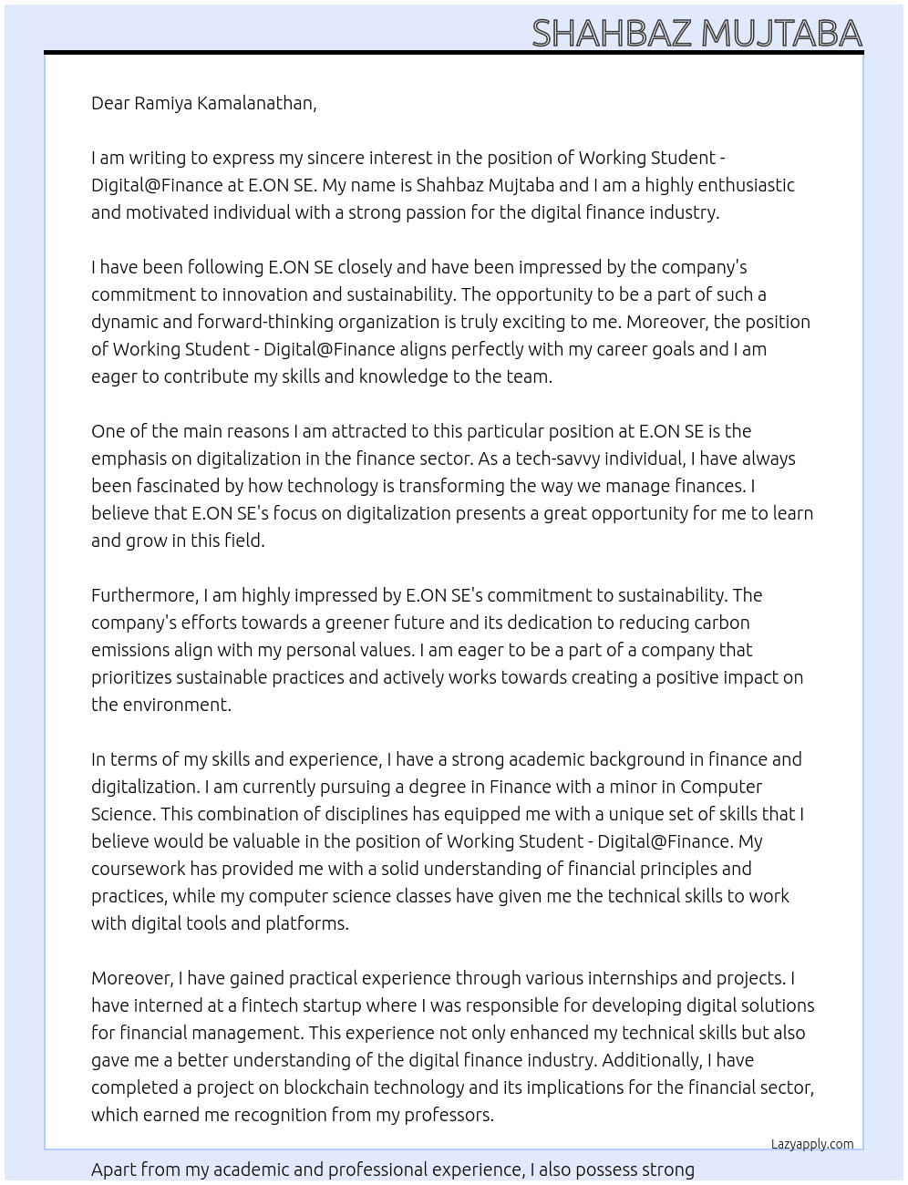 Working Student - Digital@Finance At E.ON SE Cover Letter