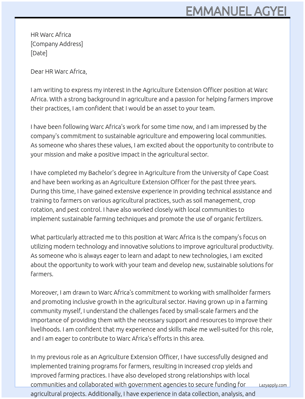 Agriculture extension officer  At Warc Africa  Cover Letter