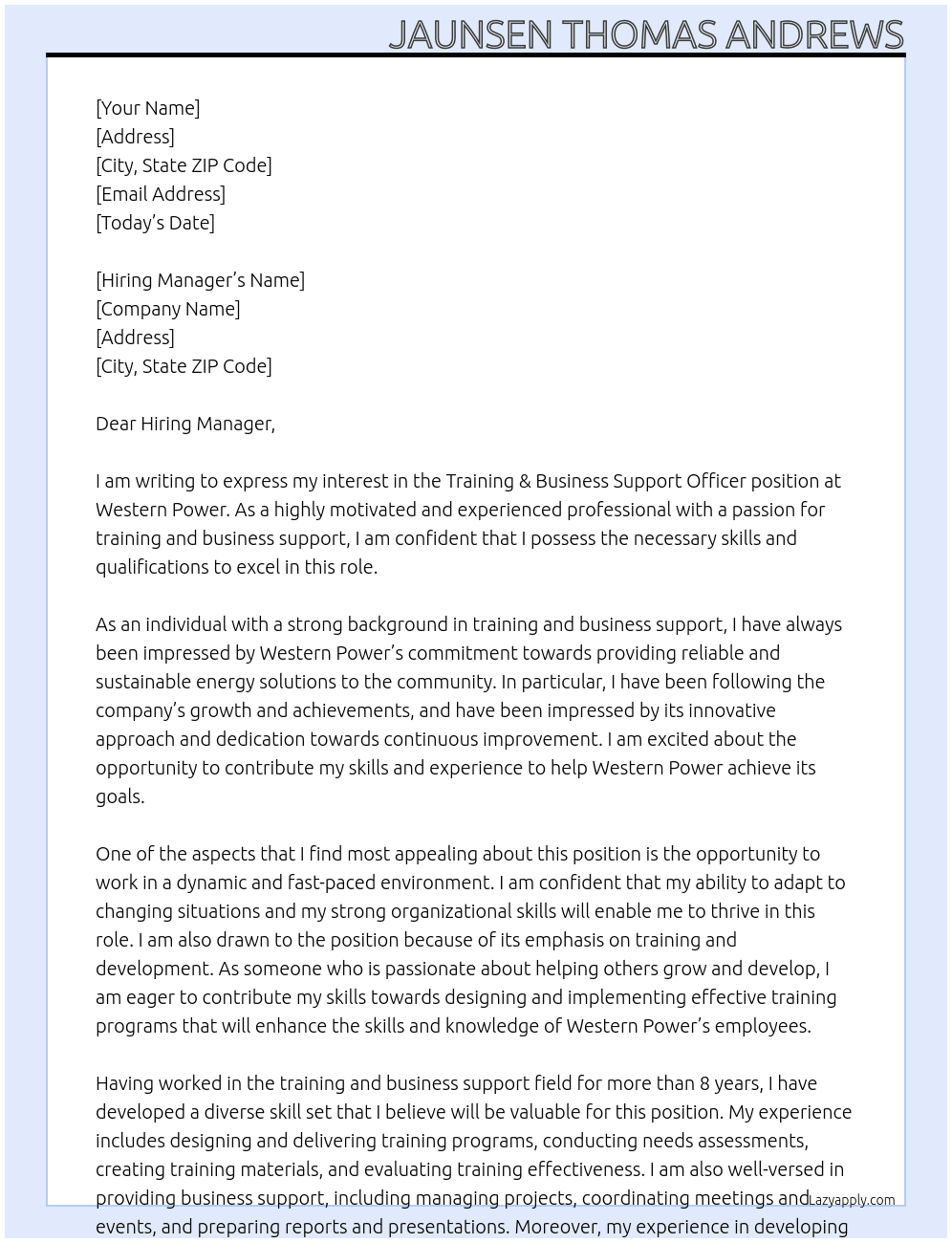 Training & Business Support Officer At Western Power Cover Letter