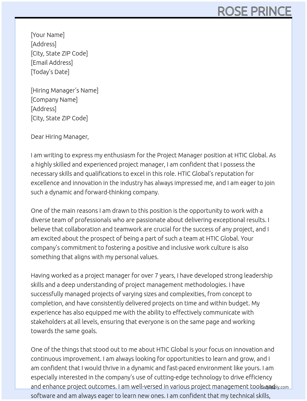 Project Manager  At HTIC Global Cover Letter