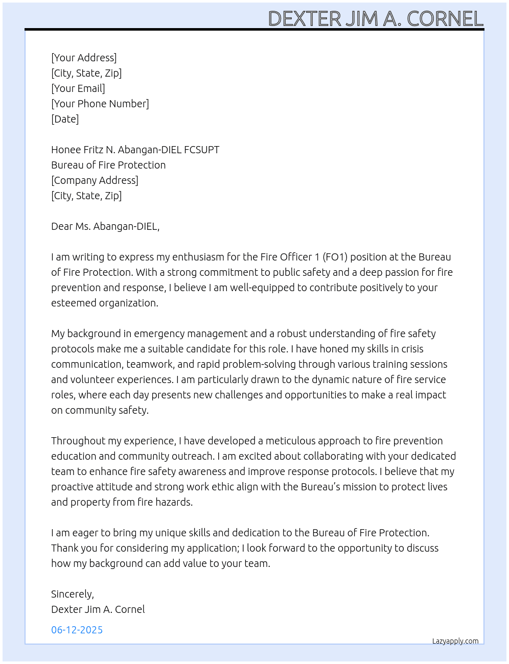 Fire Officer 1 (FO1) At Bureau of Fire Protection Cover Letter