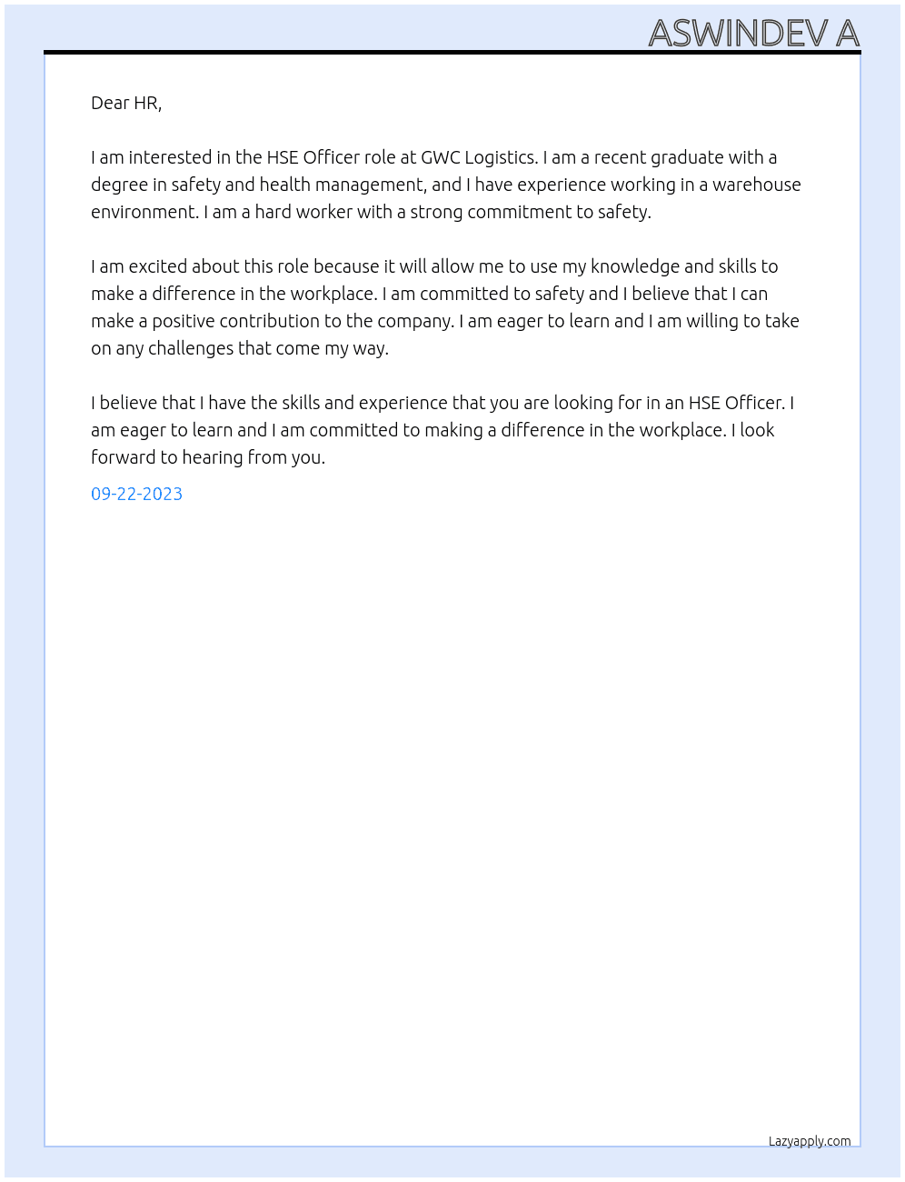 HSE OFFICER At GWC LOGISTICS Cover Letter