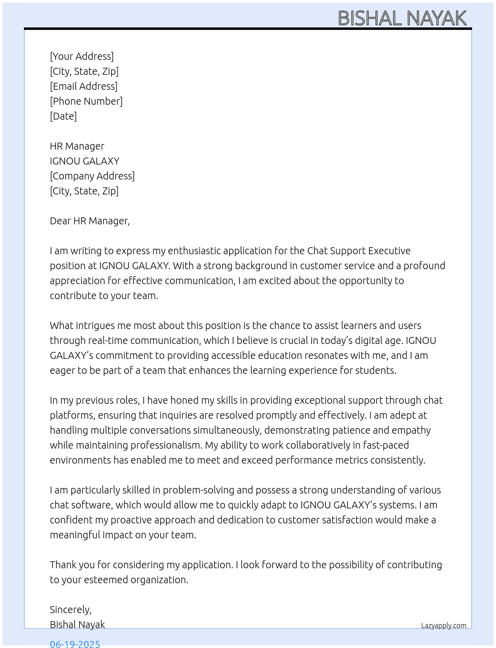 Chat support executive  At IGNOU GALAXY  Cover Letter